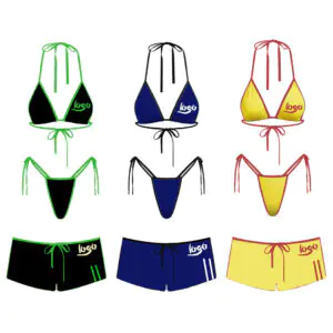 Custom swimsuit samples displayed in factory showroom