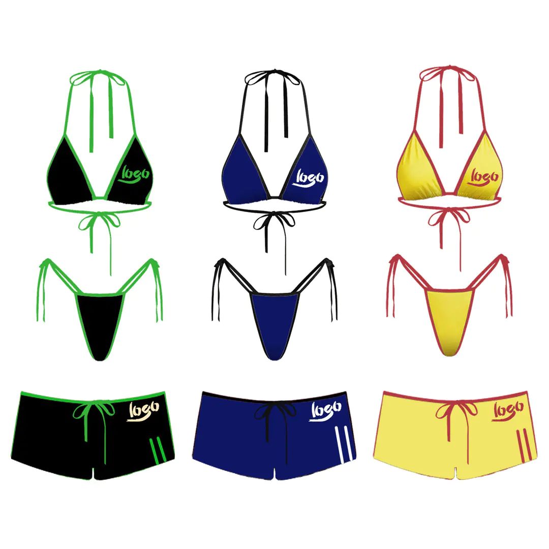 Custom swimsuit samples displayed in factory showroom