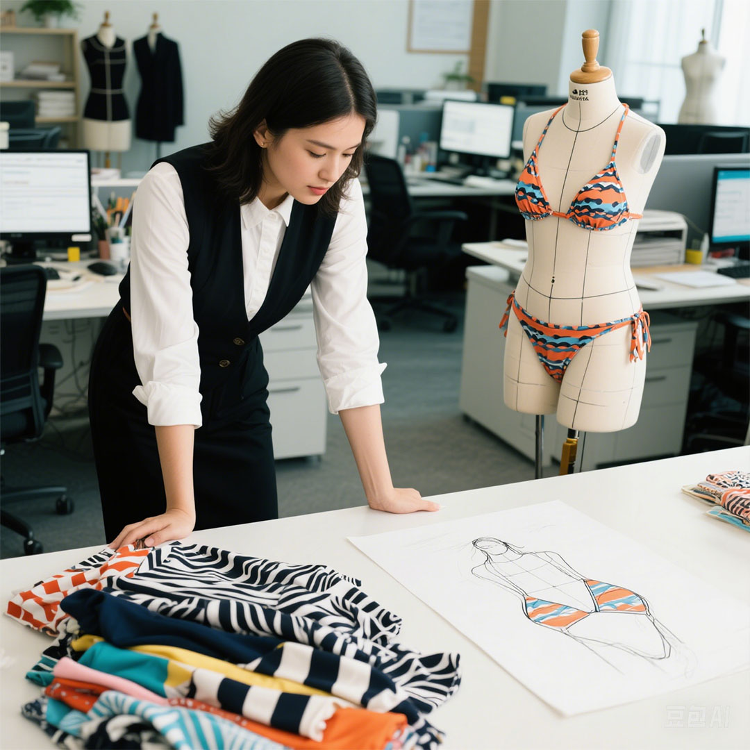 Designer creating custom bikini samples with fabric swatches