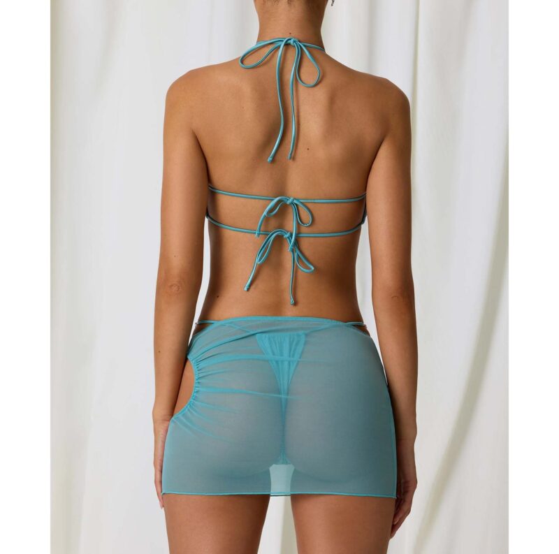 Drawstring Cut-Out Mesh Mini Skirt in Turquoise - Image 4