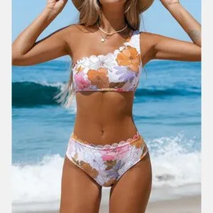 Flower One-Shoulder Top & Hipster Bikini Set