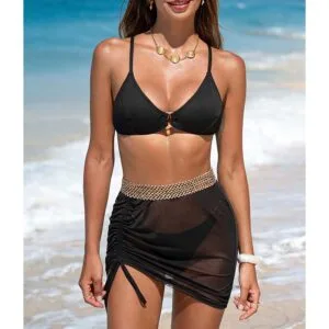 Black Grawstring Mesh Cover Up Skirt