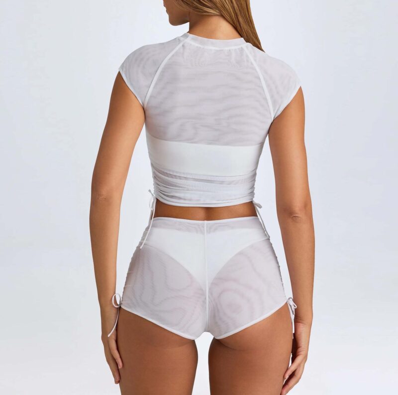 Sheer Ruched Mini Shorts in White