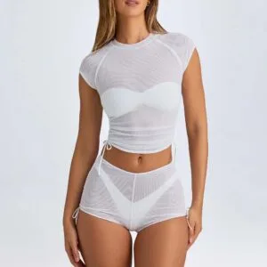 Sheer Ruched Mini Shorts in White