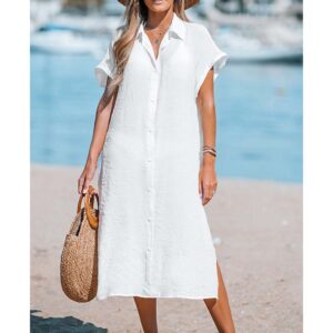 Cotton Linen Midi Shirt Dress in White