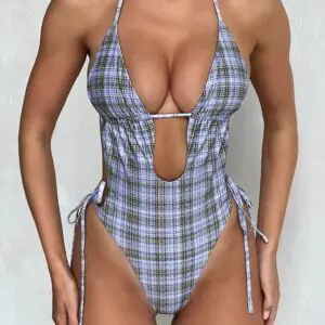 Cut-out Micro Check One Piece Swimsuit