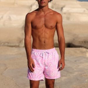 Light Pink Tropical Print Swim Shorts for Men