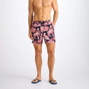 Mens Swim Shorts – Black Red Tropical Print