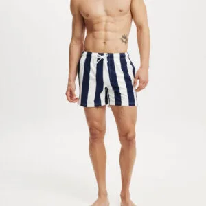 Blue White Stripe Print Mens Swim Shorts