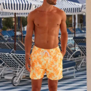 Tropical Yellow Print Men’s Swim Shorts – Custom OEM Swimwear Manufacturer
