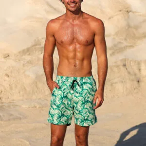 Tropical Green Leaf Print Men’s Swim Shorts