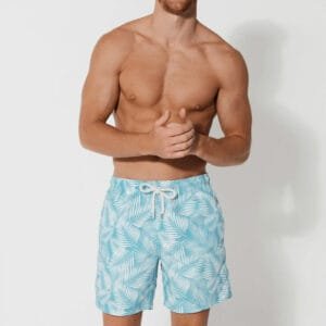 Blue Palm Leaf Print Men’s Swim Shorts - Mens Swimwear Manufacturer