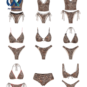 Various styles of Joy Sportwear custom leopard print bikini collection. Halter, triangle, and crop top styles shown.