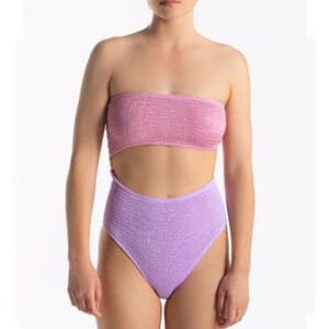 Two-tone textured fabric front-cutout one-piece swimsuit