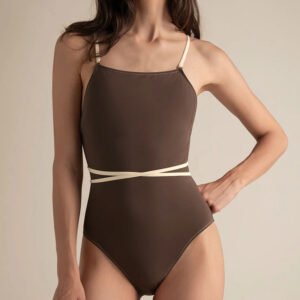 Brown Contrast Strap One Piece Swimsuit