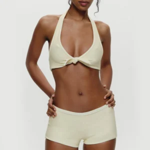 Cream Halter Knot Bikini Set with Boyshort Bottom