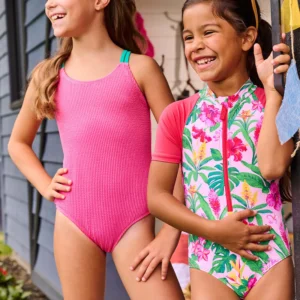 Tropical Printed Zip Front Girls One Piece Swimsuit
