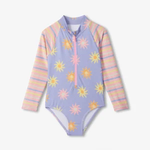 Girls Long Sleeve Zip Front Rash Guard Swimsuit