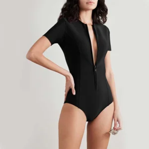 Black Zip Front Rashguard One Piece Swimsuit