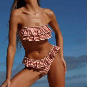 Striped Ruffled Bandeau Bikini Set