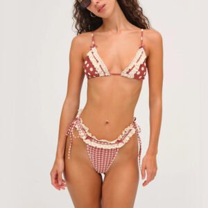 Gingham Lace Trim Ruffle Bikini Set