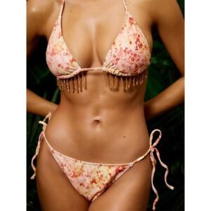 Floral Print Chain Fringe Triangle Bikini Set