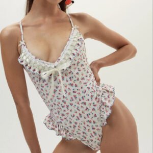 Floral Ruffle One-Piece Swimsuit with Bow Front