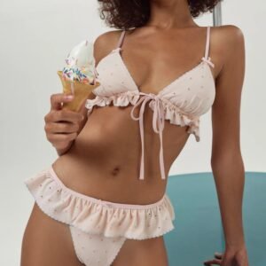 Eyelet Dot Embroidery Trim Ruffle Bikini Sets