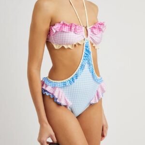 Gingham Ruffled Bandeau Cut-Out Swimsuit
