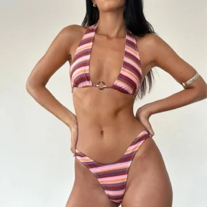 Horizontal Stripe Halter Bikini Top With High-cut Bottom