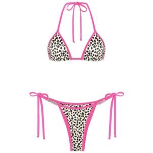 Leopard Print Contrast Binding Halter Bikini