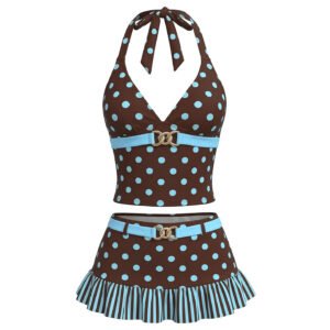 Polka Dot Halter Tankini Set with Belted Ruffle Skirt