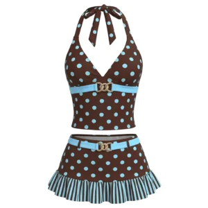 Polka Dot Halter Tankini Set with Belted Ruffle Skirt