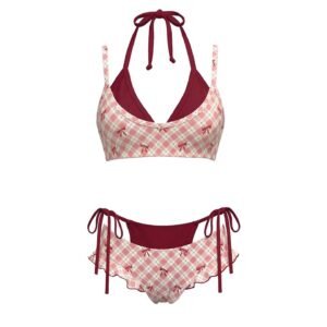 Plaid Fake Two-piece Bikini Set with Ruffle Bottom