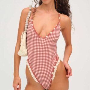 Red Gingham Ruffle High-cut One-Piece Swimsuit