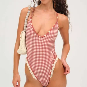 Red Gingham Ruffle High-cut One-Piece Swimsuit