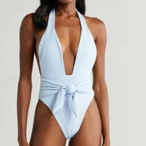Ribbed Front Tie Halter One-Piece Swimsuit
