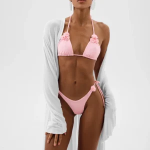 Pink 3D Flower Triangle Bikini Set