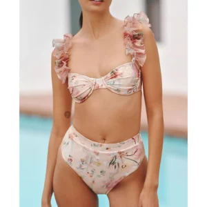 Floral Ruffle-Strap Underwire High-Waisted Bikini Set