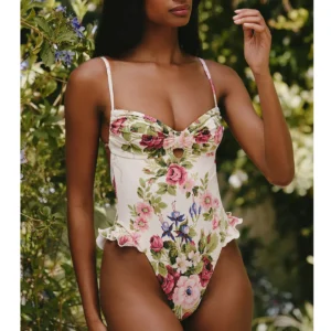 Floral Print Ruffle-Trim High Cut One-Piece Swimsuit