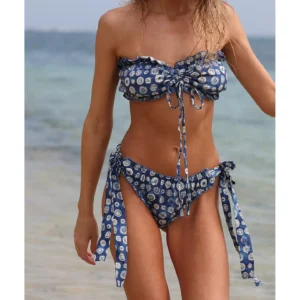 Printed Ruffle Bandeau Bikini Set with Tie-Side Bottom