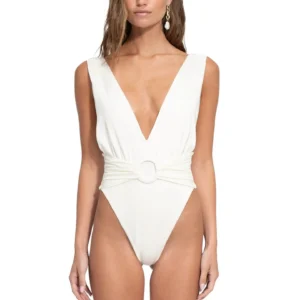 White Plunge-Neck Belted One-Piece Swimsuit