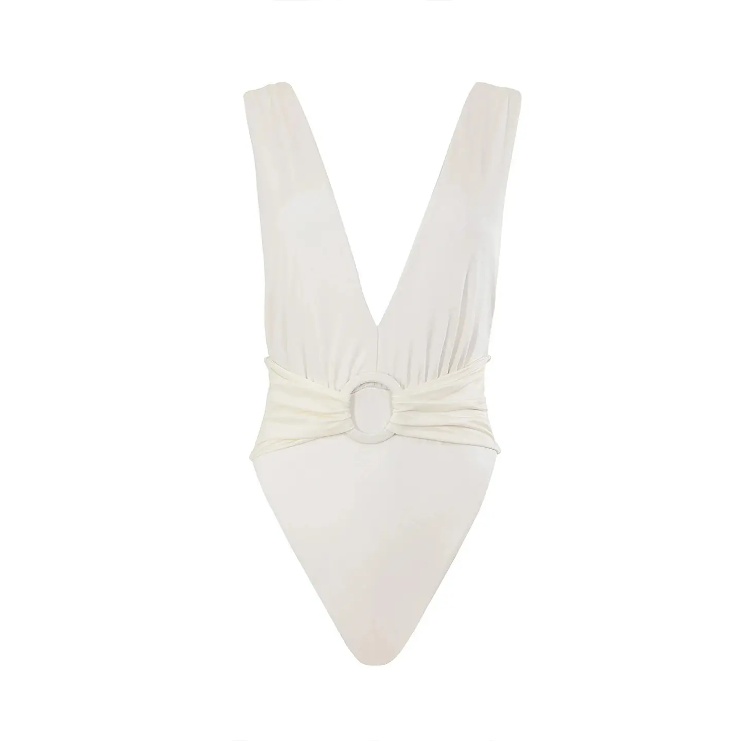 White Plunge-Neck Belted One-Piece Swimsuit - Image 2