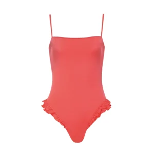 Coral Ruffle-Trim High-Cut One-Piece Swimsuit