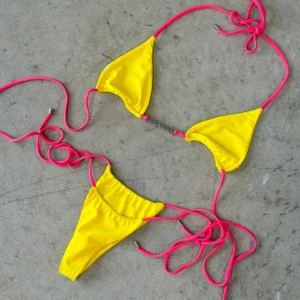 Yellow Contrast-Trim Triangle String Bikini Set
