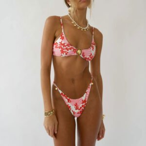 Pink Seashell-Print Ring-Detail Bikini Set