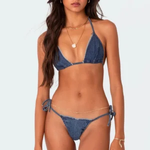Distressed Denim Triangle String Bikini Set