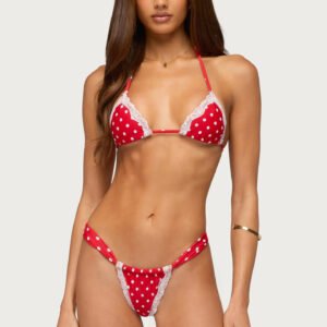 Red Polka-Dot Lace-Trim Triangle Bikini Set