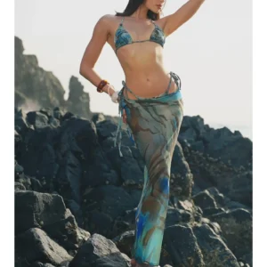 Abstract-Print Bikini Set with Matching Sarong