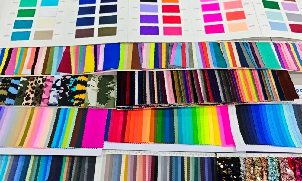 Assorted swimsuit fabric swatches used for color and material selection.